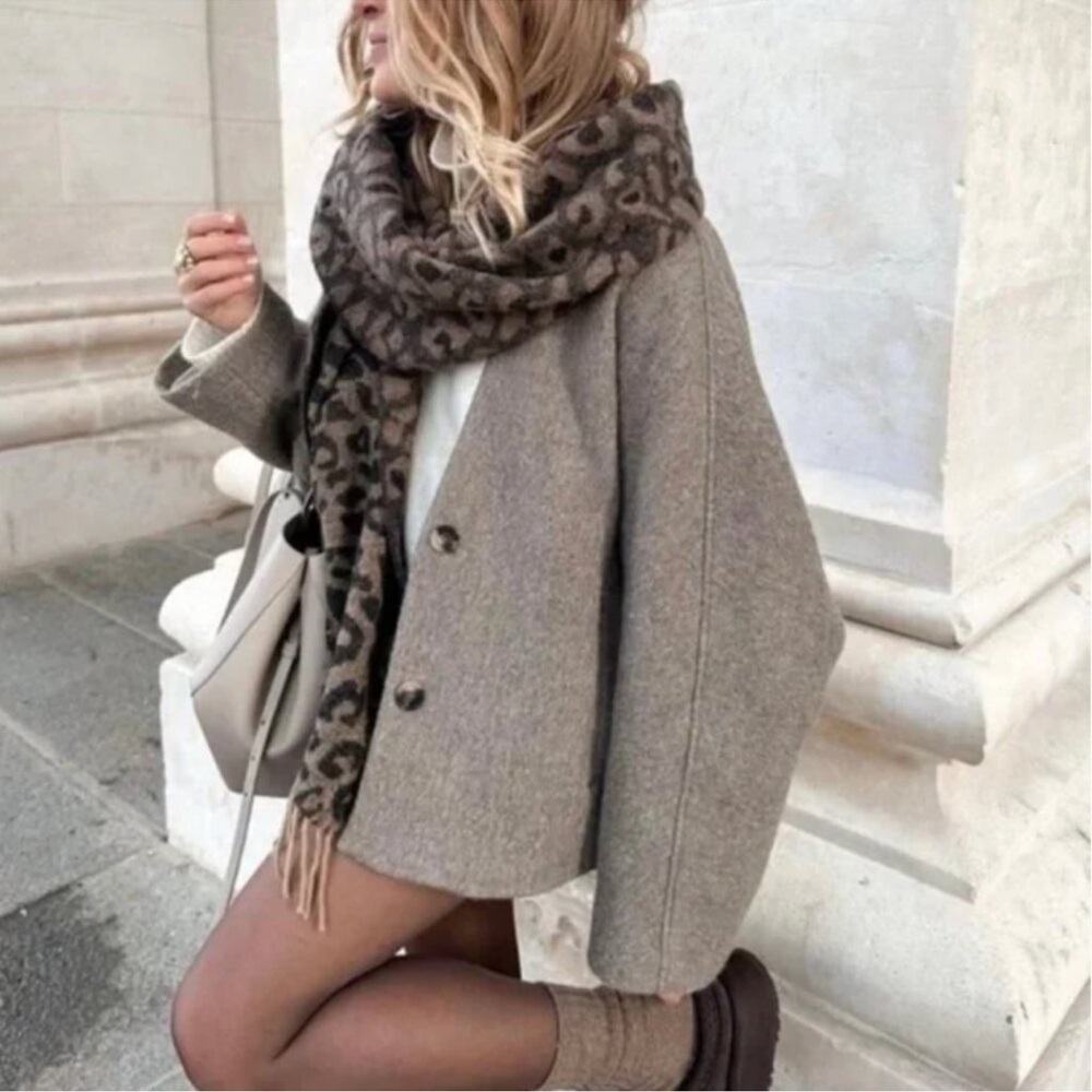 Zara Manteco Italian Wool Taupe Brown Oversized Crop Jacket Size Medium - Picture 2 of 9